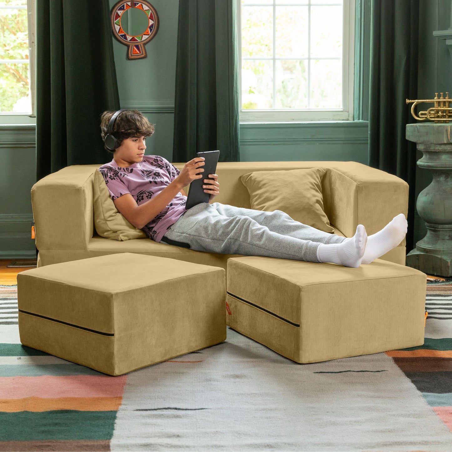 Jaxx Zipline Convertible Sleeper Loveseat & Ottomans, Textured Microvelvet - Camel