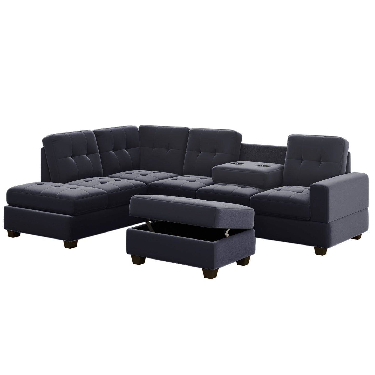 Modern Sectional Sofa with Reversible Chaise; L Shaped Couch Set with Storage Ottoman and Two Cup Holders for Living Room